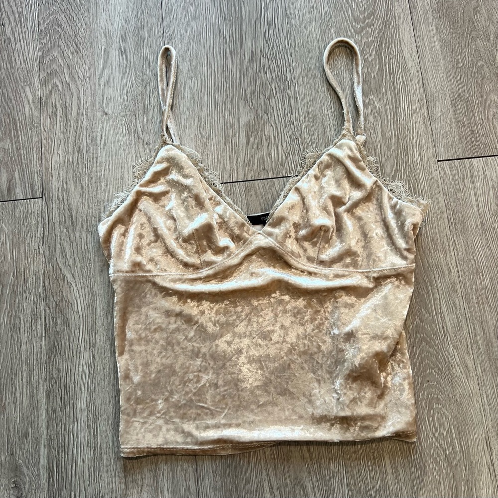 Forever 21 Women's Beige Sleeveless Spaghetti Strap crushed Velvet Cami Top Med